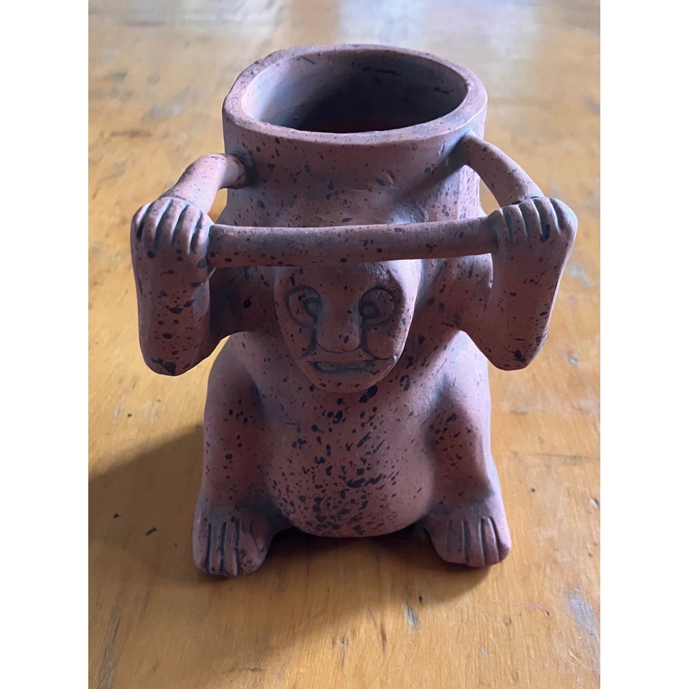 Terracotta Figure Vessel Brown Speckled Folk Art Pottery Mexico